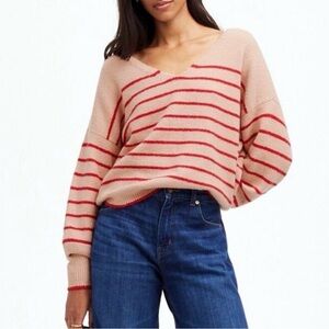 Madewell Wedged V-Neck Sweater Pale Blush Red Stripe Size
XXL